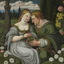 Placeholder: renaissance style female angel, breastfeeding a man in a garden