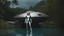 Placeholder: Middle-aged woman with blond hair in a robotic silver catsuit, standing on the right of a partially submerged sleek spaceship, on an alien beach, with alien trees