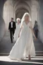 Placeholder: Woman with white hair wearing a white dress, walking down a sunlit stone hall, AND a handsome man in the background lurking in the shadows with long black hair