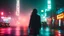 Placeholder: woman night foggy city neon lights traffic walking