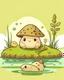 Placeholder: magical kawaii mushroom with a big, frowning mouth and droopy eyes, sitting on a lake log in a quiet and peaceful lake, lost in its own thoughts, high details, forest background, cute, kawaii, style coloring cover for adults, ultra reality