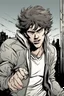 Placeholder: deranged young man with scruffy hair, stubble and a judgmental look on his face comic book style