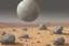 Placeholder: Grey sky with one planet in the horizon, rocks, sci-fi, rocky arid land, 2000's sci-fi movies influence, rodolphe wytsman and friedrich eckenfelder impressionism paintings