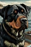 Placeholder: disegna un cane rottweiler al timone di una barca