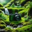 Placeholder: Miniature landscape, a huge digital camera, next to many small people, close-up, green moss ground and stream decoration, add some green plants, frosted glass texture, pvc, natural sunlight, shift axis photography, depth of field effect, fine details, fantastic effects, professional camera (zoom), Canon EOS R5, edge lighting, cinematic lighting, translucency, extrusion and value change of gradient, specular attenuation and contrast, strong ambient occlusion overlay, 8K