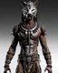 Placeholder: full carbon body werewolf robot wearing Indian tribal clothes with primitive motif paint with a muscular ideal male body and modern design