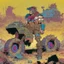 Placeholder: Un guerrero motorizado en un estilo de comic de 1980 en un wasteland con mutantes