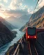 Placeholder: distance view Realistic Photography Panoramic style electric modern train, atmospheric beautiful electric modern train, rides in stunning bridge river and mountain landscape, mountain gorge, bright color palette, high detail, perfect composition, cinematic shot, intricate details, hyperdetail