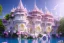 Placeholder: a magical crystal flower lys bougainvillier, blue gold house indian palace castle in the woods, magnolias pink,blue lake,sun,white swanns,pink vertical, blue lake,sharp, vines, candlelit, endor, ornate, elegant, highly detailed, artstation, concept art, smooth, sharp focus, illustration, 8k, splash art, wallpaper, key visual