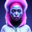 Placeholder: Ukrainian woman, rounded face, bubble gum, heavily made up, blue, pink, hoodie, feathers, latex, leather, soft color, highly detailed, art stations, concept art, smooth, unreal engine 5, god rays, ray tracing, RTX, lumen lighting, ultra detail, volumetric lighting, 3d, finely drawn, high definition, high resolution, neon background.