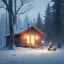 Placeholder: a sad Finnish man without food on his plate, outside his house in the forest, Winter, snow, very cold, Finnish flag down at half way up, Finnish flag, a bottle of Koskenkorva in his hand, knifes and sauna, Simon Stålenhag style