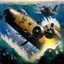 Placeholder: A British Catalina naval plane flies in World War II in the Atlantic Ocean over a German submarine U-107 whose commanders are standing in the turret and drops a bomb that explodes in the water near the submarine and creates waves around it