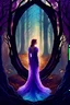 Placeholder: A lady in ethereal and golden light standing in the woods, in the style of purple and aquamarine, hyperrealistic illustrations, crystalcore, miniature illumination, dragon art, mirror, trapped emotions depicted