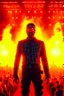 Placeholder: 4K realistic, Terminator crowd at a rammstein concert, Till Lindemans back on stage, back, arms spread and on fire, flames everywhere.