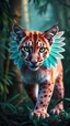 Placeholder: pink-and-turquoise, teenage female mountain lion with turquoise wings and yellow eyes in a rainforest, highly detailed, dramatic lighting, wide shot view, long-distance shot, vibrant colors, highly realistic, photorealistic, book-cover-worthy