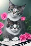 Placeholder: A young beautiful cat, portrait, is sitting on a piano, with a bunch of roses.