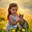 Placeholder: An ultra-realistic masterpiece of a 6-year-old girl with natural red hair and freckles, sitting on a sunny hillside in a wildflower-filled meadow. She is gently petting a Siamese cat with vivid green eyes. The scene is bathed in golden hour sunlight, with soft atmospheric mist. The background is a dreamy wildflower field with shallow depth of field and soft bokeh. The art combines professional award-winning photography with impressionist painting techniques. Hyper-detailed textures, glowing ligh