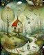 Placeholder: Richly textured Hieronymus Bosch, Catrin Welz-Stein, William Turner, Zdzisław Beksiński, Jacek Yerka oil on canvas zentangle line art style mix, surreal frosted fantasyland winter oceanscape, hoarfrost on trees, high grasses, snow and cottages, withered flowers, pale sunrise; paint splatter, beautiful vibrant colors, reflections, SK, flying seagulls, dramatic clouds, snowfall.