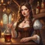 Placeholder: A young woman with pale skin and long brown hair in a fantasy tavern setting with intricate details. She is smirking, a tavern wench pouring a glass of whiskey, has intense red eyes, intimidating presence. High definition.