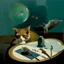 Placeholder: UN conference.a cat looking at a pigeon,human flesh-like surgical instruments and universe-like neuralink, surrealism,symbolism,minimalism,Painting By Adrian Ghenie, Rene Magritte, Salvador Dali, Lucian Freud