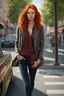 Placeholder: Young red-haired woman standing in the street, daytime, photorealistic