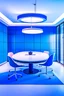 Placeholder: A meeting room with blue walls and a white floor, and the meeting table is oval in shape