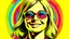 Placeholder: Portrait of a happy fair-haired woman in sunglasses Colourful psychedelic 1970s. AI generative.