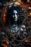 Placeholder: abstract creation of a beautiful woman with black curly hair, surrounded by black roses, thick metal chain broken, glass petals on the ground, autumn colours,dried out thorn bush, chaos,