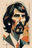 Placeholder: a highly detailed, abstract flat geometric 3/4 profile portrait illustration of George Harrison in the minimalist style of Willi Baumeister, Federico Babina and Petros Afshar, sharply detailed and finely lined, in vibrant natural colors