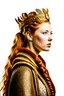 Placeholder: a redheaded woman valkyrie queen with two braids, gold crown, fur cloak, strong, muscled body, white background, portrait, slightly side view, (masterpiece),