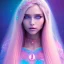 Placeholder: beautiful, soft, smiling face, whole head, long straight blonde hair blues eyes, crown on the head, clothing in transparent bluish and pink veil, background brillante bluish and pink, hight definition, 8K
