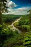 Placeholder: Vista panorámica de la selva de Brasil, viendo el rio con sus animales autóctonos asomando por la vegetación florecida