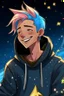 Placeholder: A young, androgynous young man with tousled pink hair and golden eyes floating among the stars wearing a light blue hoodie and black board shorts. He is smiling softly and holding a star in one hand.