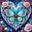 Placeholder: Beautiful filigree lacey butterfly, winter wonderland background, triple frosted heart with bi colored roses, glitter, glowing, transparent, sparklecore, Thomas Kinkade, realistic painting, 8K