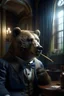 Placeholder: A portrait of a thoughtful bear in gentleman 's style smoking a pear tobacco pipe like Sherlock Holmes against the backdrop of an aristocratic Victorian hallway, dramatic lighting, matte painting, highly detailed, cgsociety, hyperrealistic, --no dof, --ar 2:1