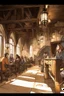 Placeholder: Lots of People sitting around tables in a medieval tavern with a stone floor, add people to the chairs