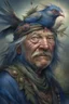 Placeholder: a painting of an old man with a bird on his head, a character portrait by Wendy Froud, cgsociety, fantasy art, storybook illustration, grotesque, detailed painting