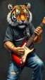 Placeholder: A tiger wearing jeans and tee shirt written on it “ Rocky” wearing playing an electrical guitar, Bosch painting style