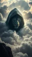 Placeholder: Portrait of a hooded alien above swirling clouds, emerges from the heart of a raging storm. Turbulent winds of steam swirl around the iconic structure, lit by shafts of sunlight that cast dramatic shadows lion hovering by over the clouds, another high planet waiting to collapse with planet earth , High quality 16k cinematic scene and great photography