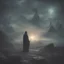 Placeholder: Dark oriental Sinister alien landscape. A city in the distance. Dark mist. Dark hooded Man with The powers of a god holding a glowing wand.