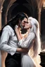 Placeholder: Strahd Von Zarovich being kissed by a beautiful woman with white hair, wearing an off the shoulder dress. Settling and background are a lavish toomb with an ebony coffin. Remove his beard.