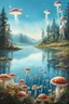 Placeholder: Landscape scene across a lake with mushrooms with jellyfish tentacles floating through a light blue clear sky