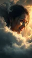 Placeholder: A beautiful eyes of a girl smiling? with a long earring above swirling clouds, emerges from the heart of a raging storm. Turbulent winds of steam swirl around the louds lit by shafts of sunlight that cast dramatic shadows on the A beautiful woman High quality 16k cinematic scene and great photography