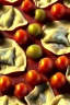 Placeholder: Raviolis composite with cherry tomato, albahaca, olive oil. renaissance style still life, moisture, art, natural, ornaments, marble, gold, high kitchen, smooth, gradient color background, unreal engine 5, ray tracing, RTX, lumen lighting, ultra detail, volumetric lighting, 3d.