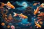 Placeholder: nice vibrant color koi fishes floating and flying on the dark sky over the weird surreal ancient city, around in the desert wird dark plants, death trees, pale light, splash art, melting, deep dark colors with metallic lines.high detailed, cinematic, weird art style ,masterpiece, fantasy, sci-fi concept art, dynamic lighting, hyperdetailed, intricately detailed, Splash screen art, surreal art, crepy stunning