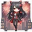 Placeholder: full body chibi woman with long dark brown hair, red eyes, modern clothes, black pants, bad girl vibe, New Years themed, fireworks, intricately detailed, masterpiece, anime chibi doll, 3d