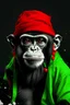 Placeholder: لوحة فنية الكترونية لقرد يرتدي تيشرت ابيض و اسود ويرتدي نضارة حمراء وقبعة خضراء