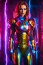 Placeholder: Exciting photography super model Russian Beautiful woman dressing futuristic iron man armor, colors lighting, extreme neons colors lightning, surrounded by colors electricity