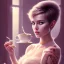 Placeholder: fantasy art, movie poster, sexy short haired woman with cute eyes enjoying tea by the mirror