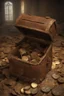 Placeholder: in the BASEMENT there is an old, broken brown oblong leather chest with short handles, from which gold coins from the time of Catherine the Great fall out. The ancient coat of arms of tsarist Russia, the double-headed eagle, is BARELY VISIBLE on the bag. There are a lot of broken bricks and earth around the bag. All in high quality 8K